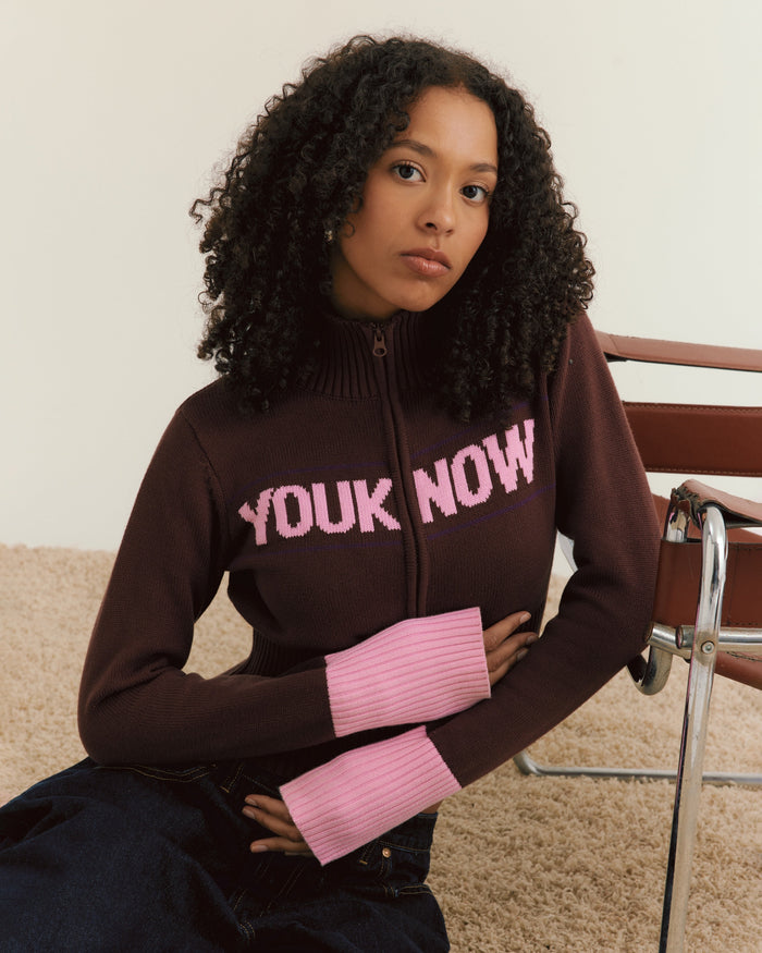 Women's Fitted Knit Zip Up | Brown