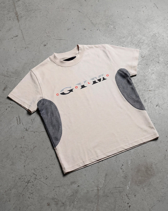 WORK HARD TEE WHITE - off-white mesh panel tee, flat lay - Cold Culture
