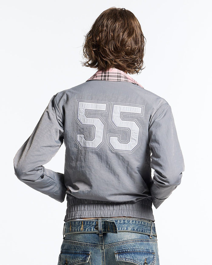 2BI ZIP JACKET GREY - grey reversible zip jacket, back view on female model - Cold Culture