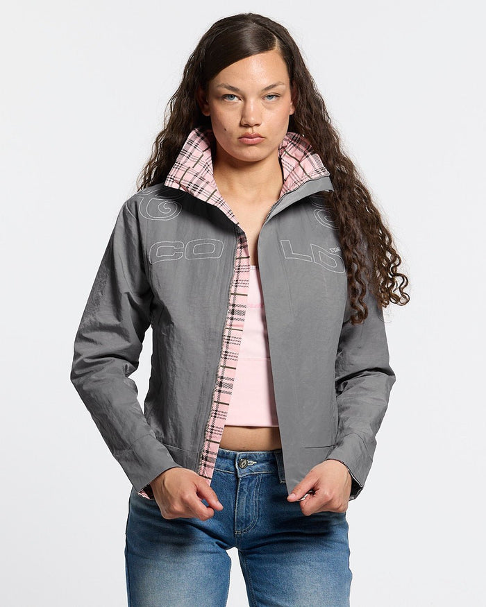 2BI ZIP JACKET GREY - grey reversible zip jacket, front view on female model - Cold Culture