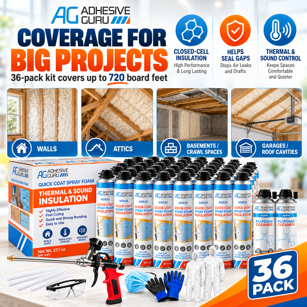 36-Pack Spray Foam Insulation Kit with Foam Gun & Cleaner – Thermal & Sound Insulation, Up to 720 Board Feet