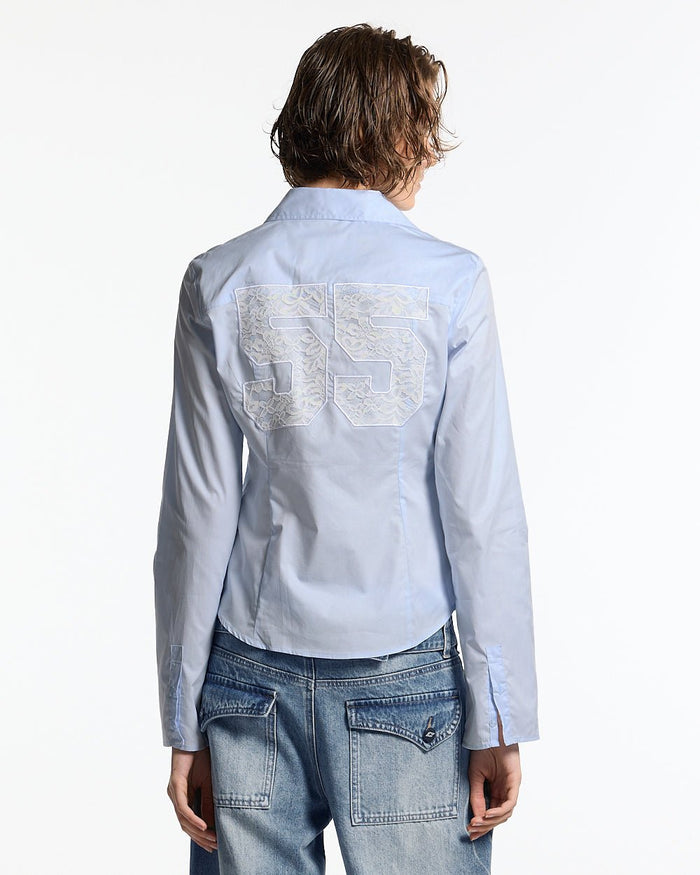 55 LACE SHIRT BABY BLUE - baby blue lace shirt, back view on female model - Cold Culture