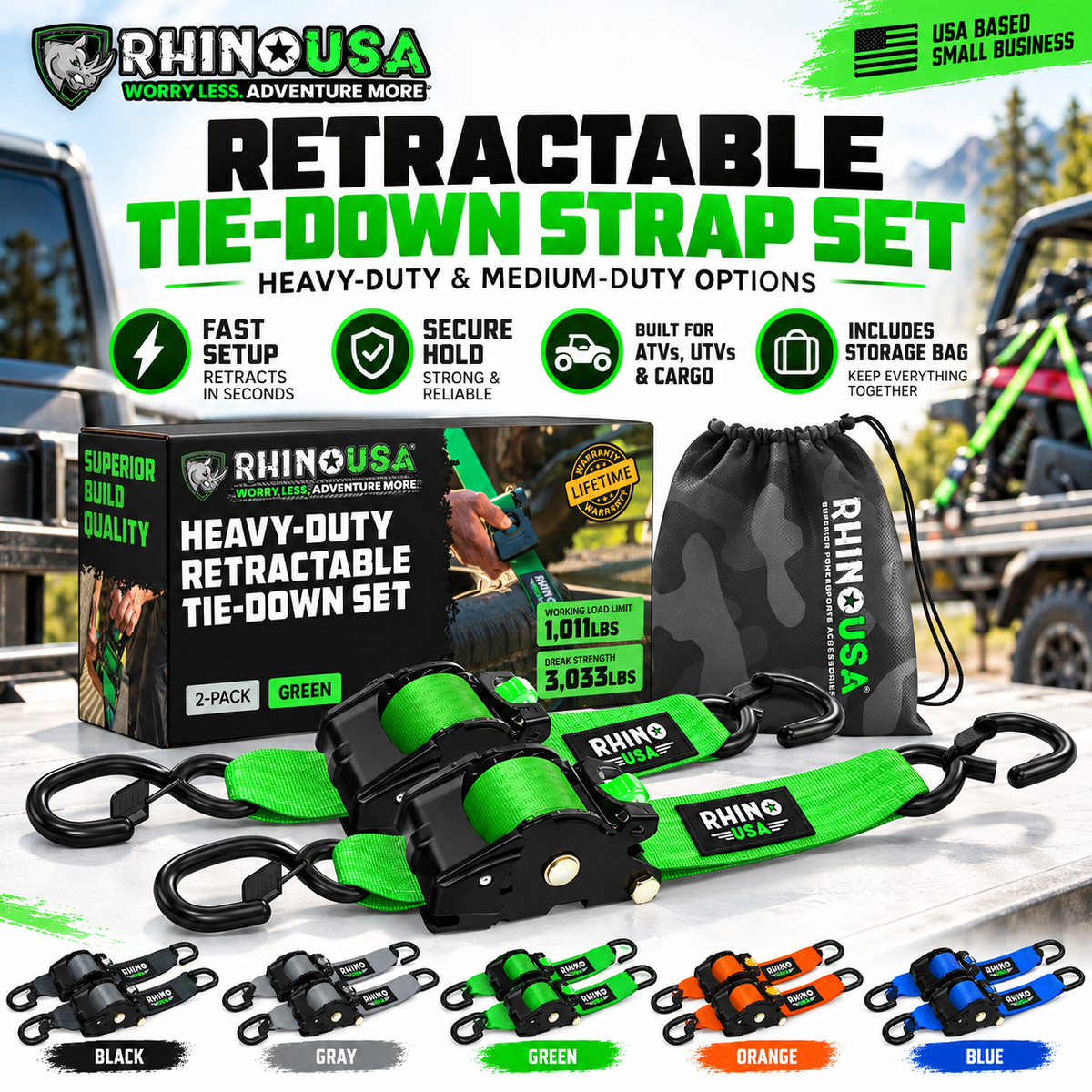 Rhino USA Heavy Duty Retractable Ratchet Straps – 1" & 2" Self-Retracting Tie Down Straps for Trucks, Trailers, ATVs & Motorcycles | 2-Pack / 4-Pack