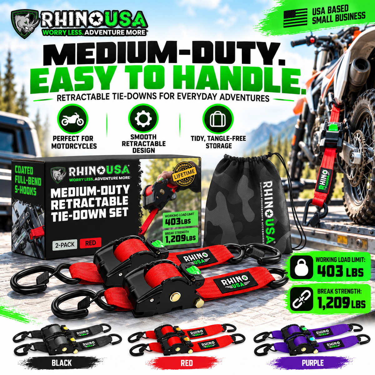 Rhino USA Heavy Duty Retractable Ratchet Straps – 1" & 2" Self-Retracting Tie Down Straps for Trucks, Trailers, ATVs & Motorcycles | 2-Pack / 4-Pack