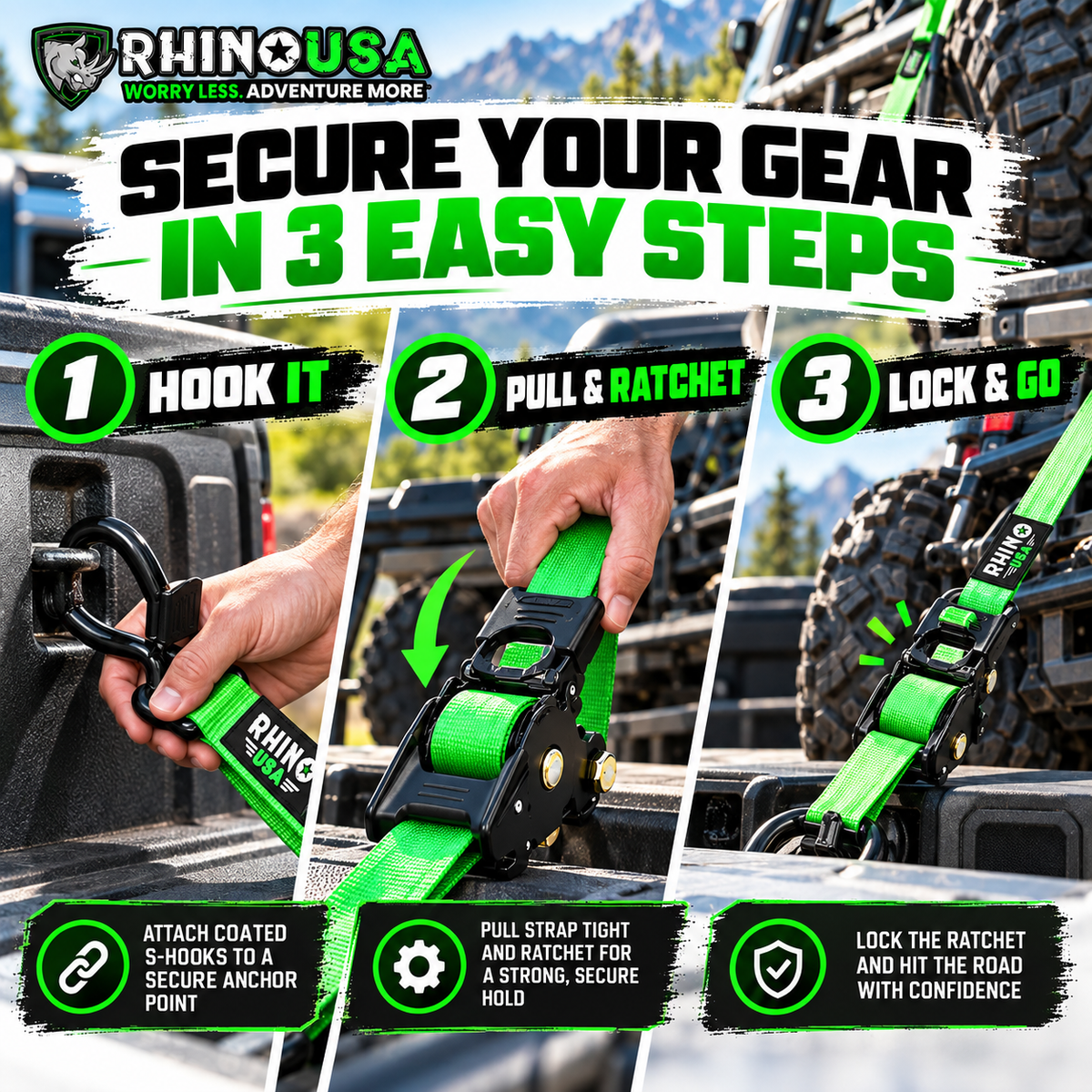 Rhino USA Heavy Duty Retractable Ratchet Straps – 1" & 2" Self-Retracting Tie Down Straps for Trucks, Trailers, ATVs & Motorcycles | 2-Pack / 4-Pack