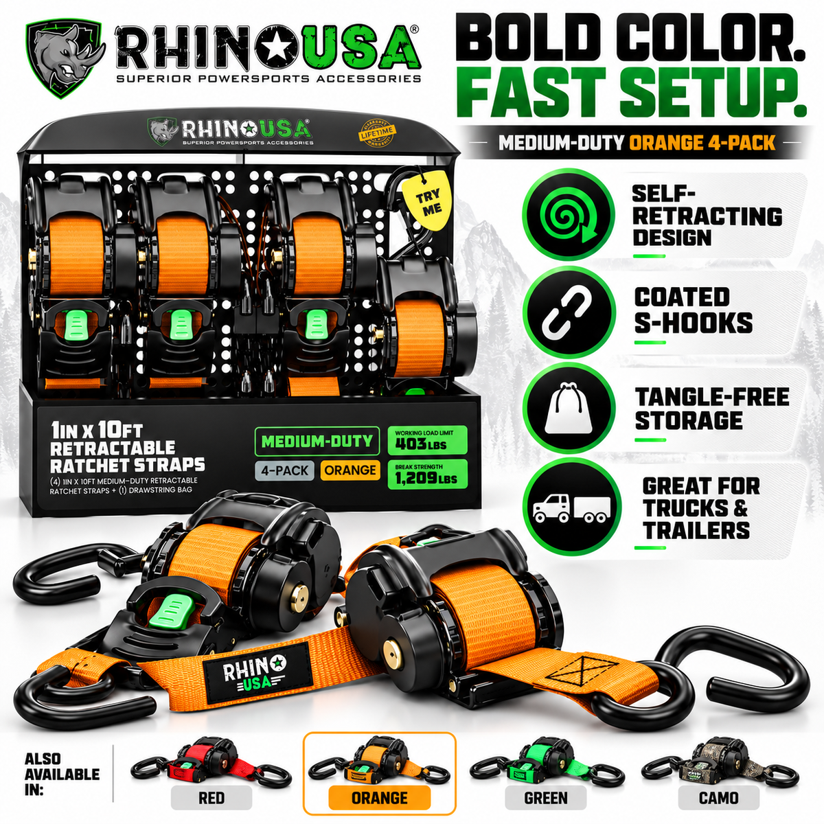 Rhino USA Heavy Duty Retractable Ratchet Straps – 1" & 2" Self-Retracting Tie Down Straps for Trucks, Trailers, ATVs & Motorcycles | 2-Pack / 4-Pack