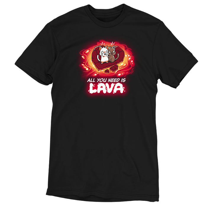 Premium Cotton T-shirt_TeeTurtle black All You Need is Lava apparel featuring two scared cats standing on a piece of heart shaped stone, floating in a pool of lava. Caption reads, "all you need is lava".