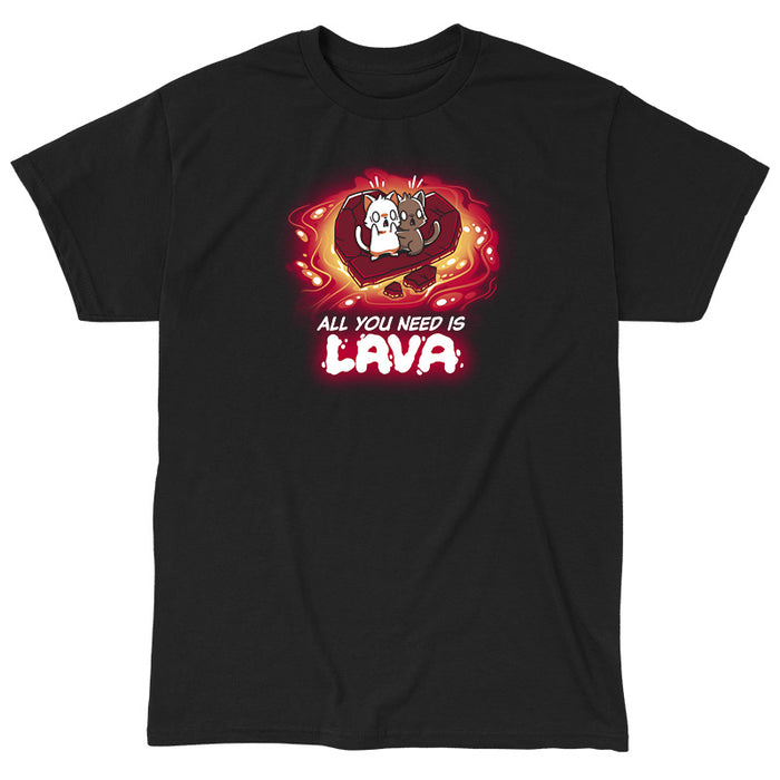 Classic Cotton T-shirt_TeeTurtle black All You Need is Lava apparel featuring two scared cats standing on a piece of heart shaped stone, floating in a pool of lava. Caption reads, "all you need is lava".