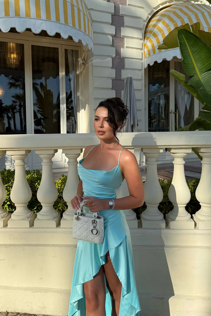 Aqua Blue Satin Backless Evening Dress Cowl Neck Asymmetric High Slit Prom Gown RM257 Sheer Fairy