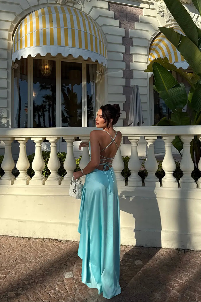 Aqua Blue Satin Backless Evening Dress Cowl Neck Asymmetric High Slit Prom Gown RM257 Sheer Fairy