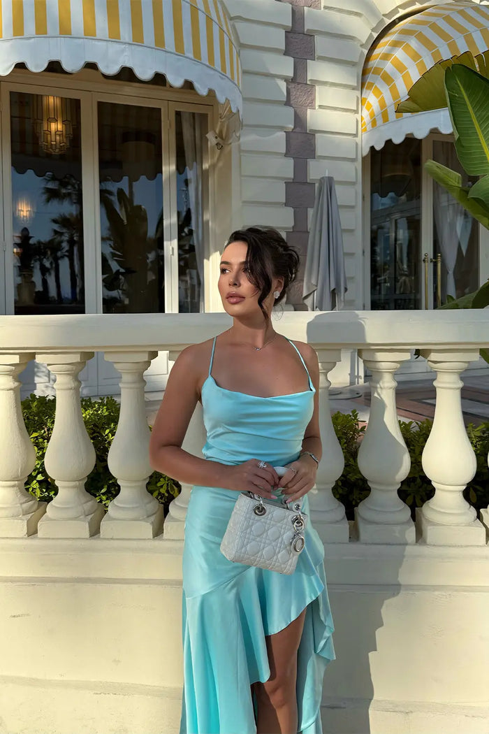 Aqua Blue Satin Backless Evening Dress Cowl Neck Asymmetric High Slit Prom Gown RM257 Sheer Fairy