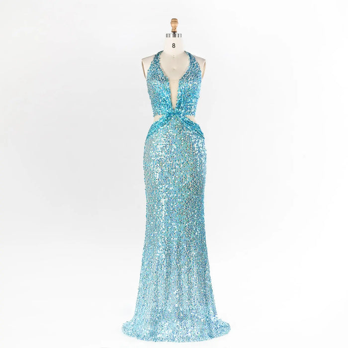 Aqua Blue Sequin Halter Evening Dress with Deep V and Waist Cutouts ST026 Sheer Fairy