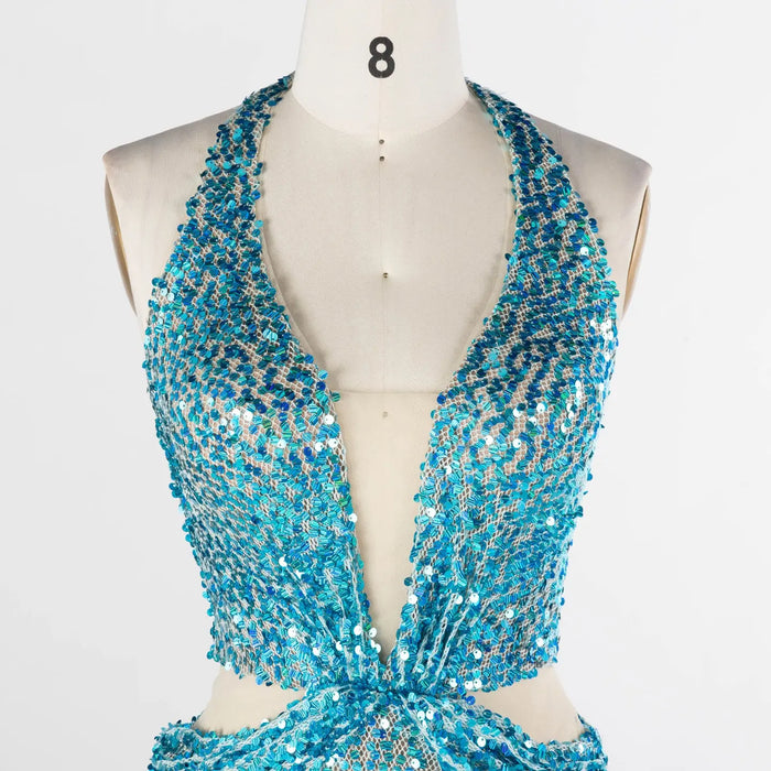 Aqua Blue Sequin Halter Evening Dress with Deep V and Waist Cutouts ST026 Sheer Fairy