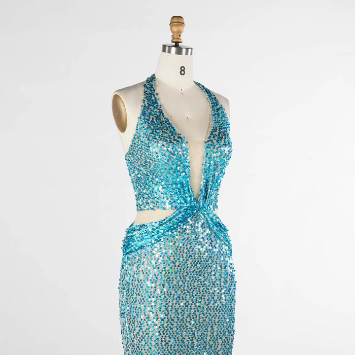 Aqua Blue Sequin Halter Evening Dress with Deep V and Waist Cutouts ST026 Sheer Fairy