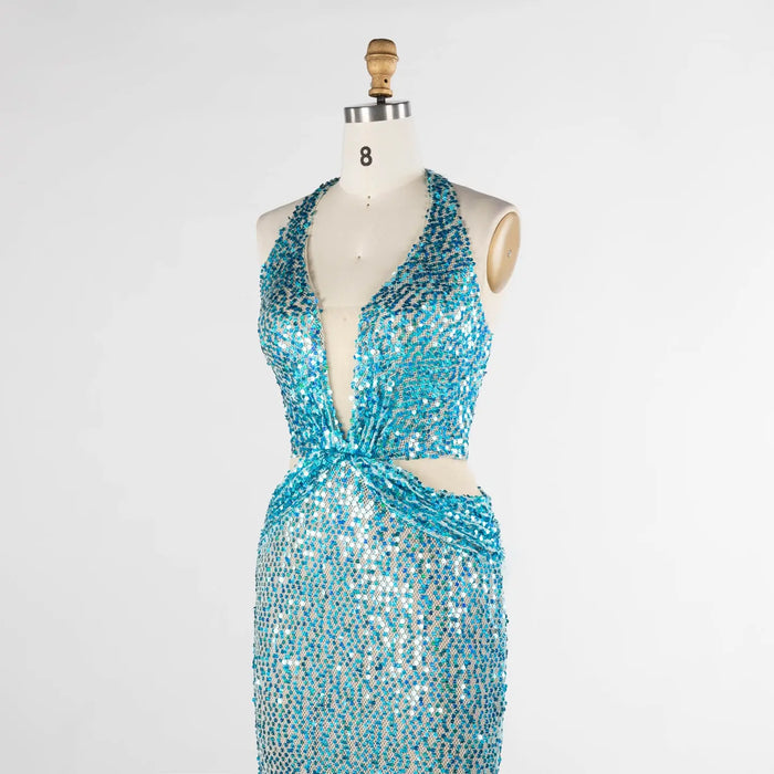 Aqua Blue Sequin Halter Evening Dress with Deep V and Waist Cutouts ST026 Sheer Fairy