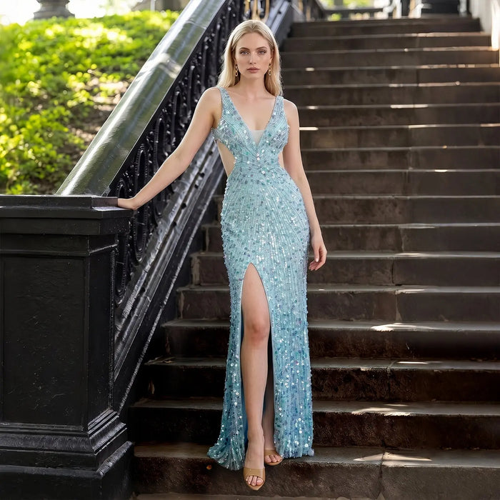 Aqua Satin Mermaid Prom Dress Deep V Neck  Sleeveless High Slit  Gown  SH354 Sheer Fairy