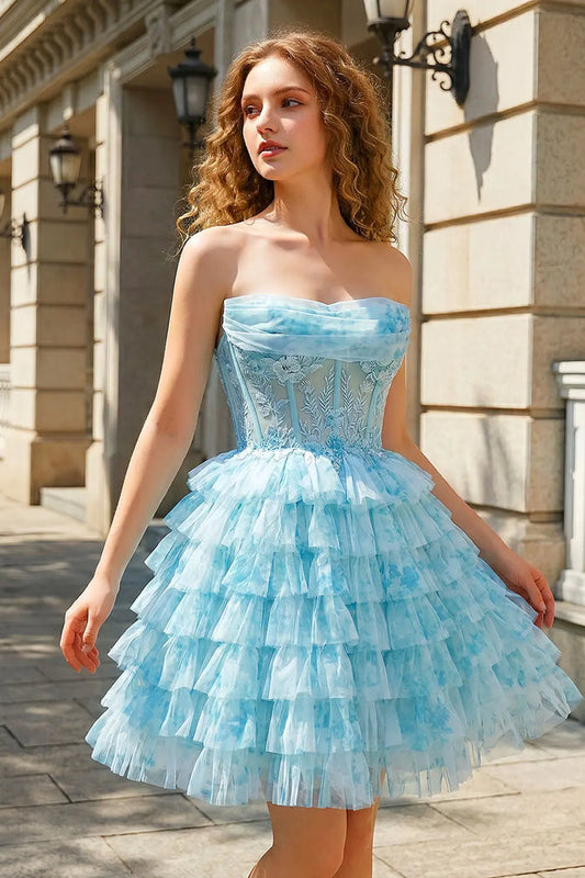 Aqua Strapless Tiered Tulle Homecoming Dress with Lace Corset Bodice RM133 Sheer Fairy