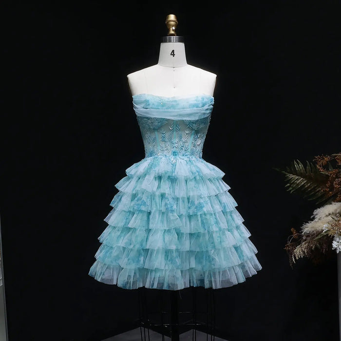 Aqua Strapless Tiered Tulle Homecoming Dress with Lace Corset Bodice RM133 Sheer Fairy