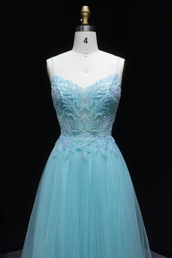 Aqua Tulle Spaghetti Strap A-Line Prom Dress SH126 Sheer Fairy