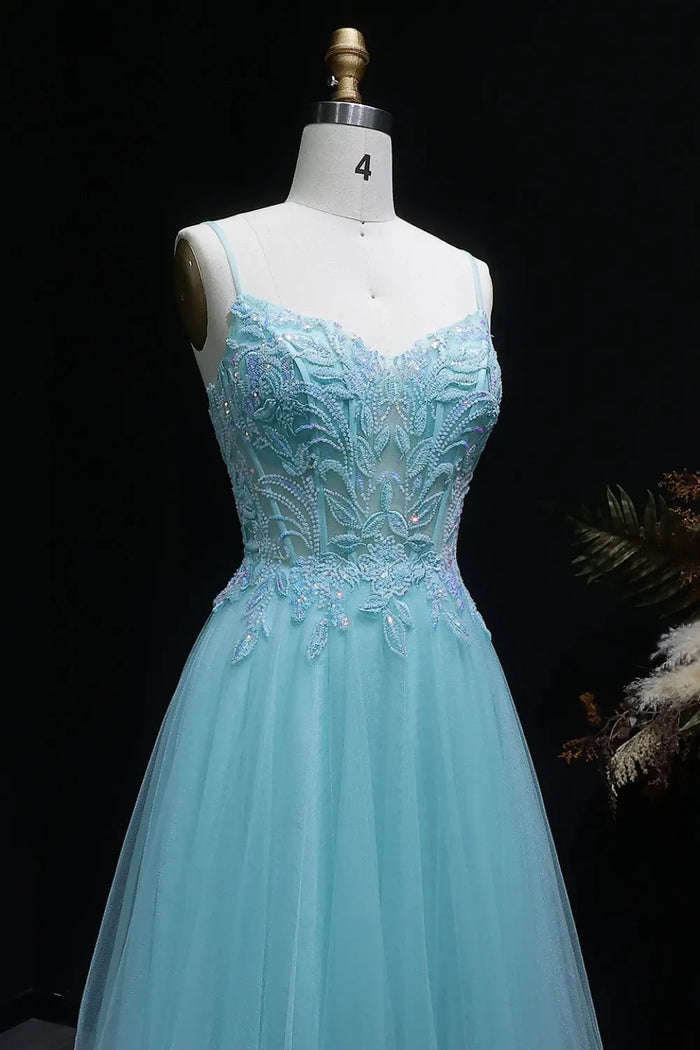 Aqua Tulle Spaghetti Strap A-Line Prom Dress SH126 Sheer Fairy