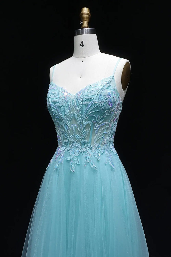 Aqua Tulle Spaghetti Strap A-Line Prom Dress SH126 Sheer Fairy