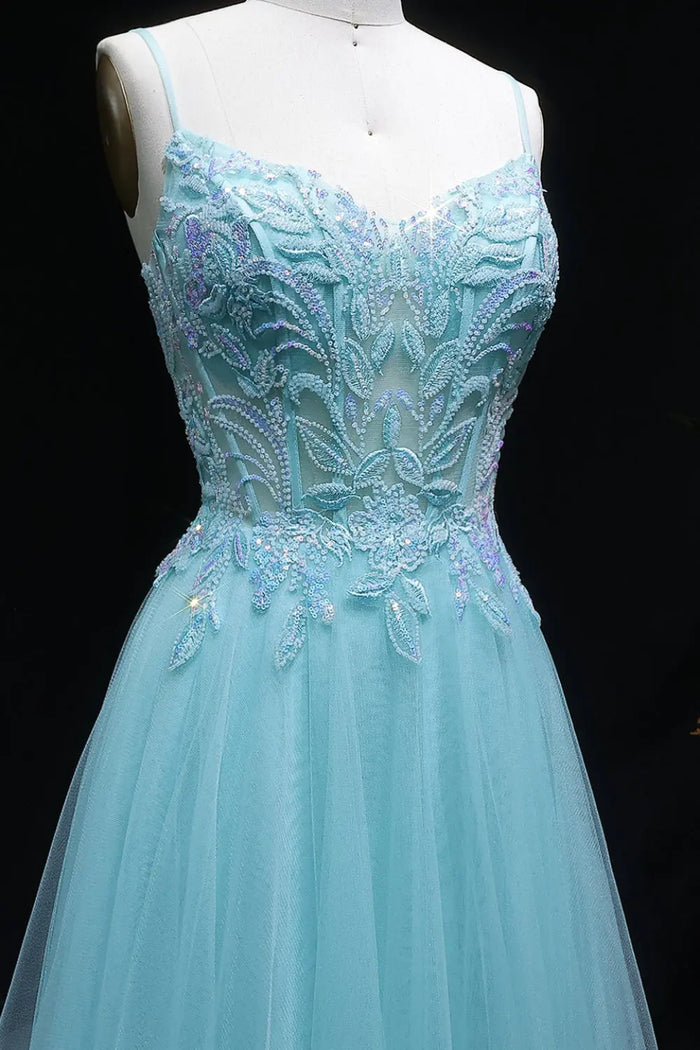 Aqua Tulle Spaghetti Strap A-Line Prom Dress SH126 Sheer Fairy