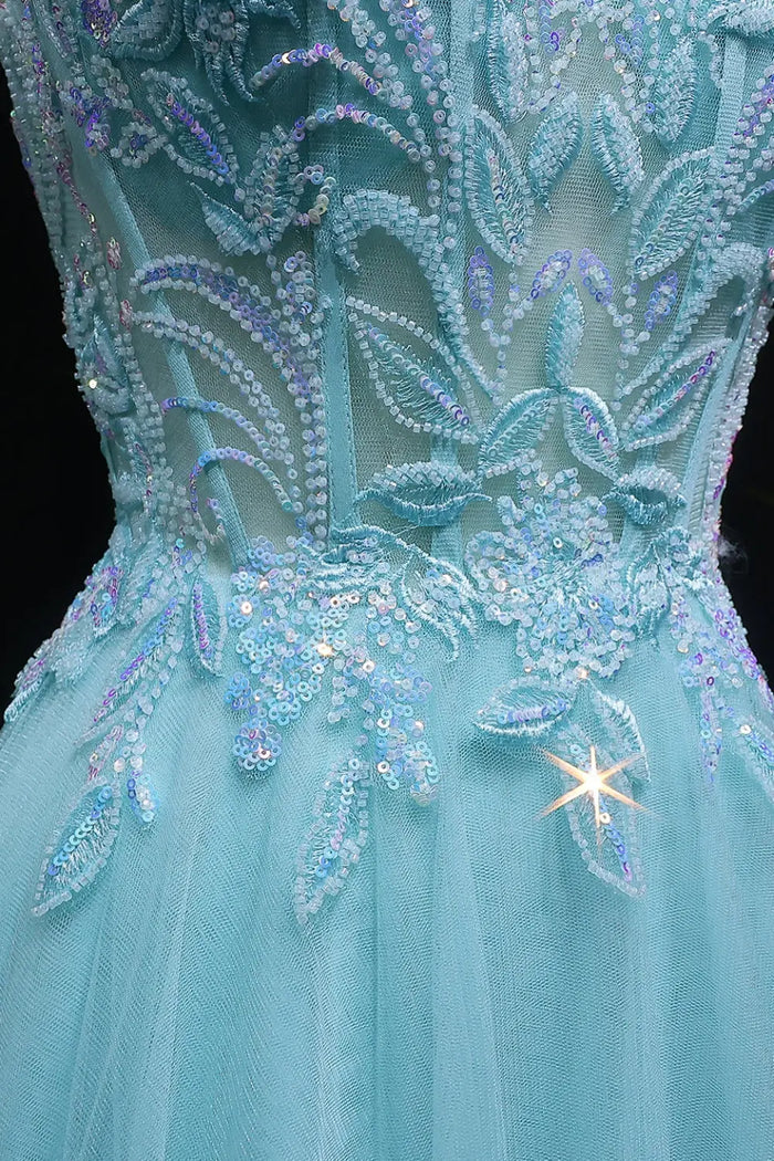 Aqua Tulle Spaghetti Strap A-Line Prom Dress SH126 Sheer Fairy