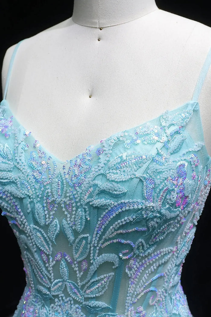Aqua Tulle Spaghetti Strap A-Line Prom Dress SH126 Sheer Fairy
