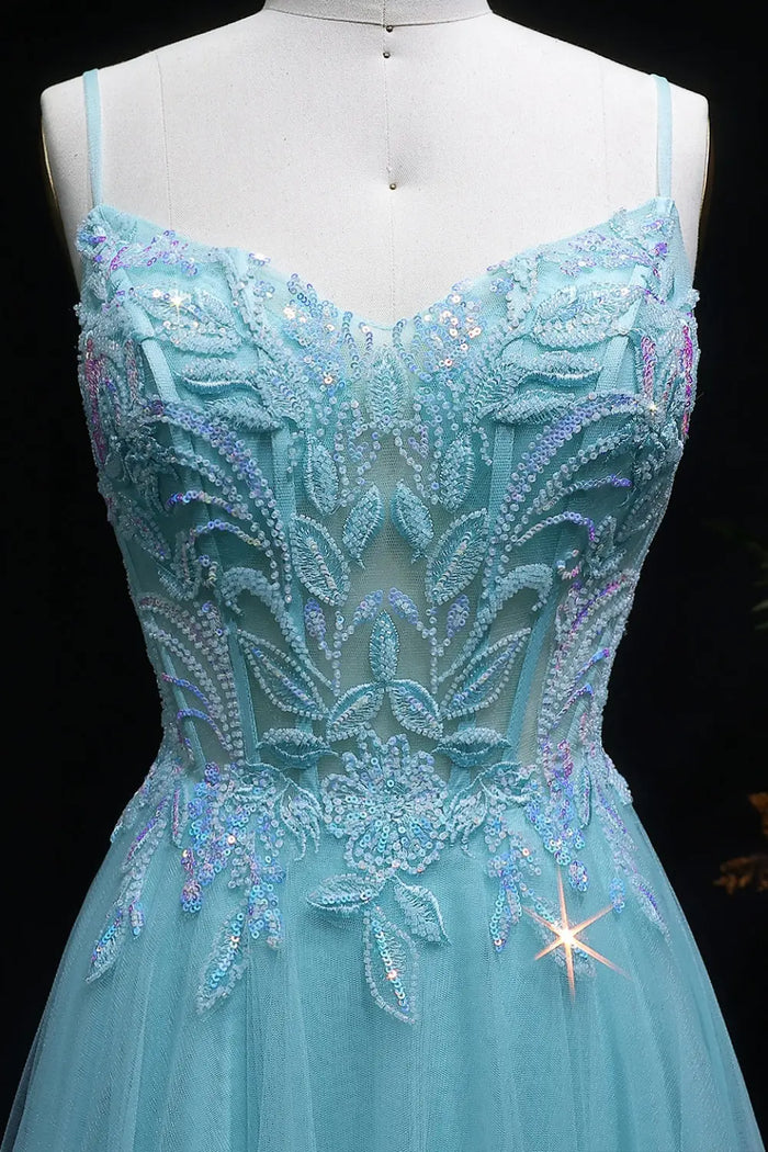 Aqua Tulle Spaghetti Strap A-Line Prom Dress SH126 Sheer Fairy