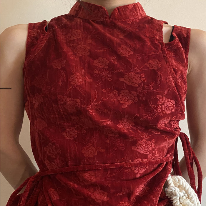 limp online original winter rose retro velvet red new Chinese cheongsam asymmetrical pleated top image 3