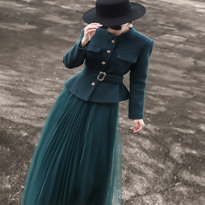 Lanser 2025 Autumn Winter New Style Woolen Short Coat Mesh Half Skirt Two piece Fashion Set Skirt image 1