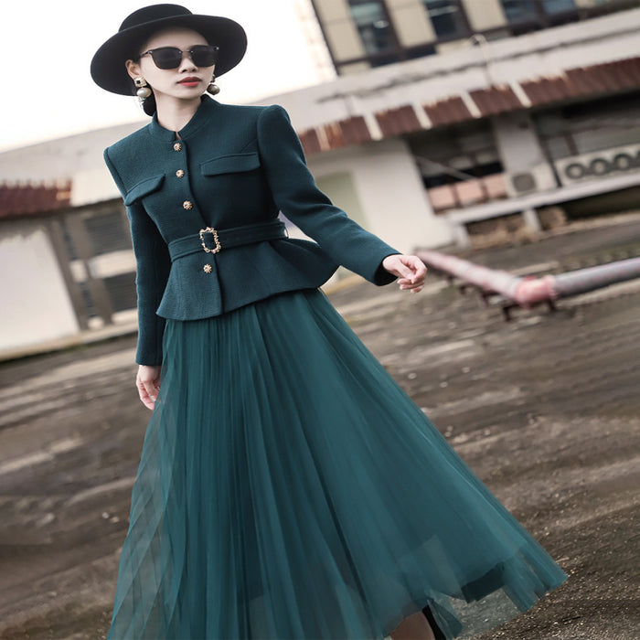 Lanser 2025 Autumn Winter New Style Woolen Short Coat Mesh Half Skirt Two piece Fashion Set Skirt image 3