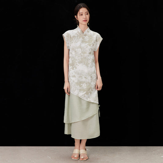 ASAYA4337 - Ink-Wash Jacquard Layered Qipao Dress 🌿🕊💫