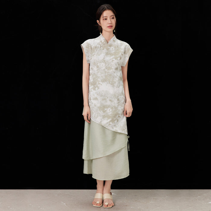 ASAYA4337 - Ink-Wash Jacquard Layered Qipao Dress 🌿🕊💫