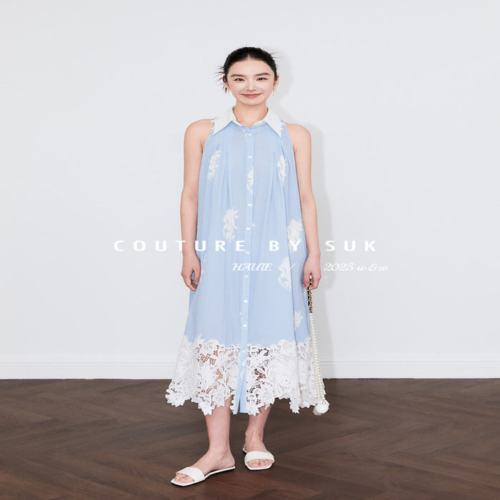SUK Art Blues 05 Spring Summer new blue lace patchwork lace design halter neck dress image 1