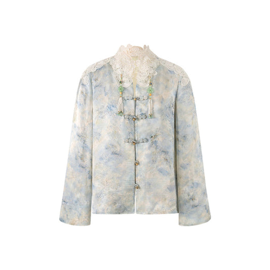 ASAYA4509 - Silk Brocade Watercolor Jacket & Flowing Skirt Set 🌊💠