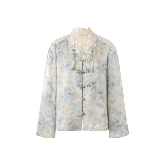 ASAYA4509 - Silk Brocade Watercolor Jacket & Flowing Skirt Set 🌊💠