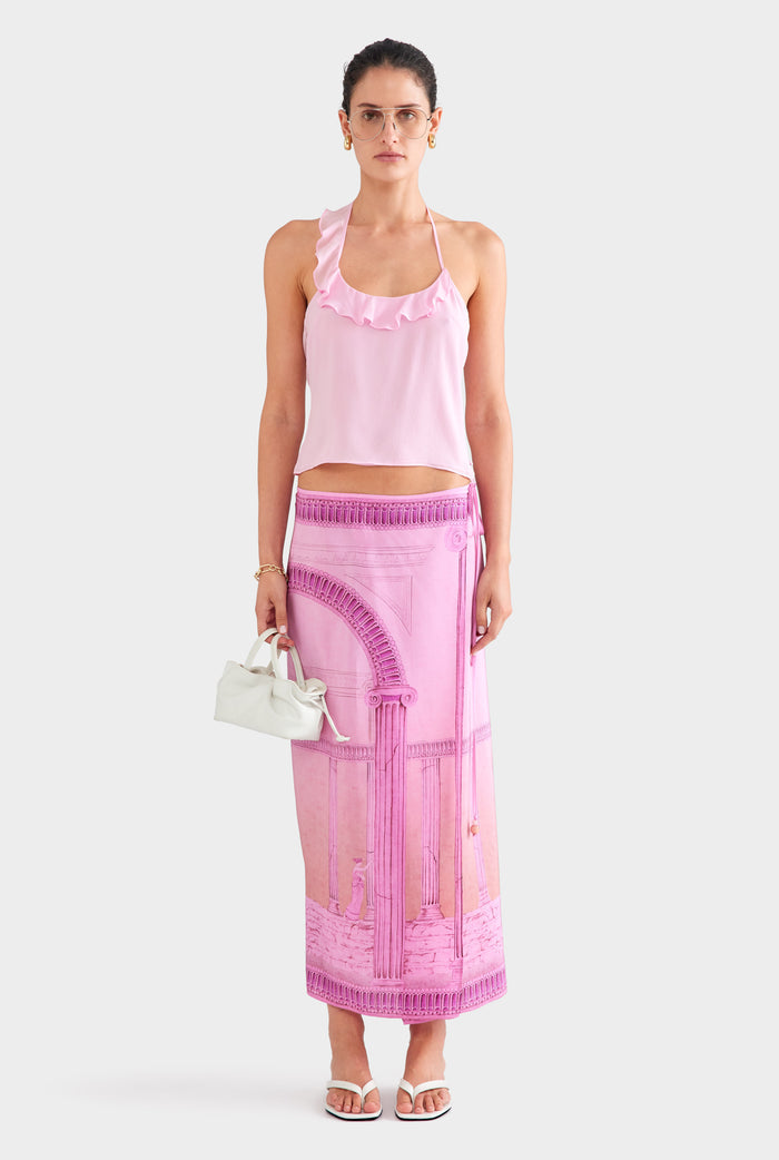 Asymmetric Ruffle Halter Top - Pink