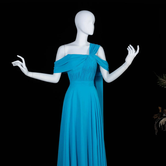 Asymmetrical Sky Blue Chiffon A-Line Evening Dress with Cape Sleeve SF067 Sheer Fairy