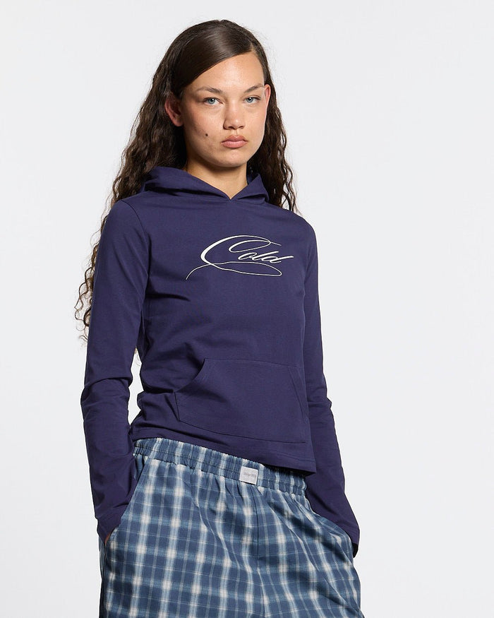 BABY SCRIPT HOODIE BLUE - blue women's hoodie, front view on female model - Cold Culture #woman