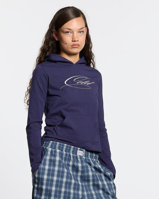 BABY SCRIPT HOODIE BLUE - blue women's hoodie, front view on female model - Cold Culture #woman