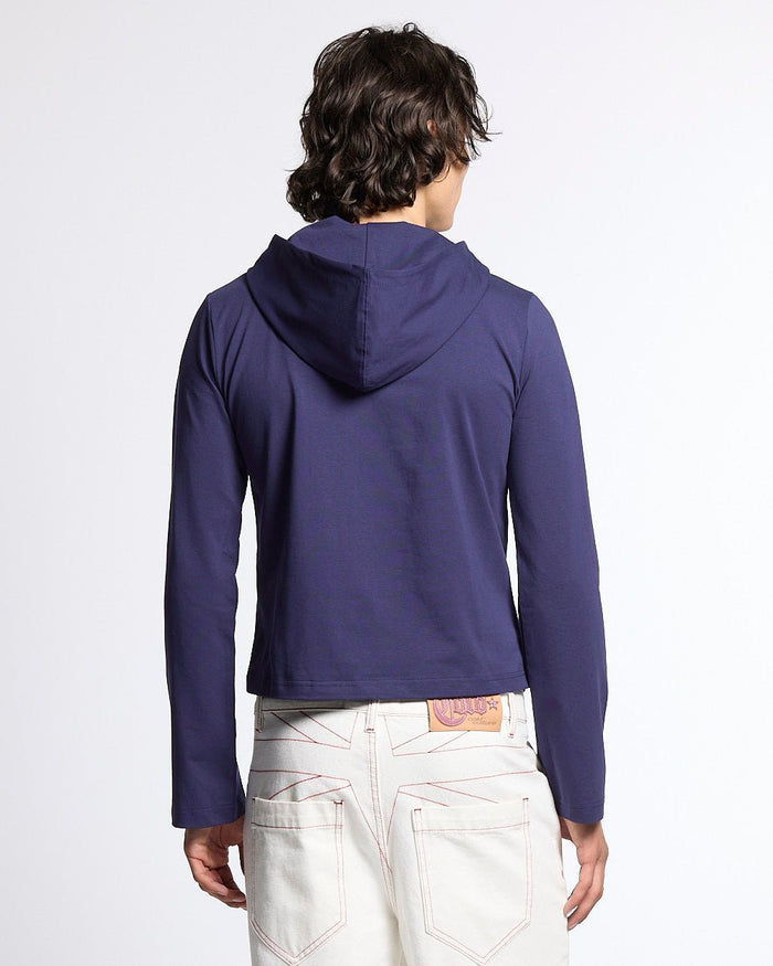 BABY SCRIPT HOODIE BLUE - blue women's hoodie, back view on male model - Cold Culture