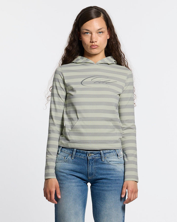 BABY SCRIPT HOODIE GREY - grey striped women's hoodie, front view on female model - Cold Culture