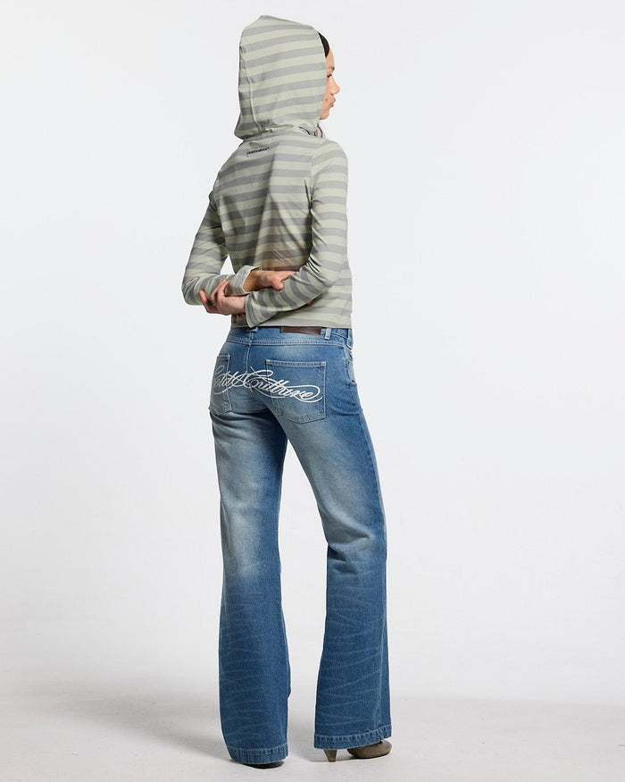 BABY SCRIPT HOODIE GREY - grey striped women's hoodie, back view on female model - Cold Culture