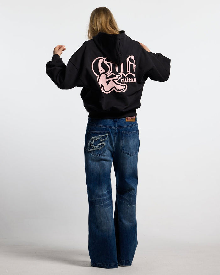 BANG BANG HOODIE BLACK - black graphic print hoodie, back view on female model - Cold Culture