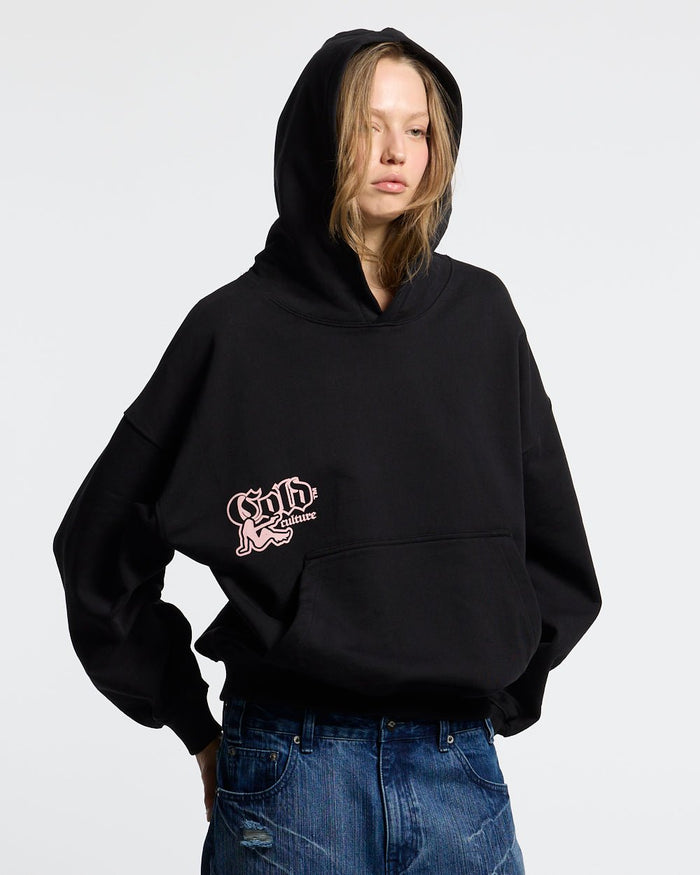BANG BANG HOODIE BLACK - black graphic print hoodie, front view on female model - Cold Culture