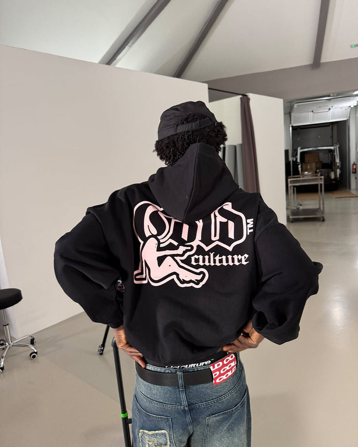 BANG BANG HOODIE BLACK - black graphic print hoodie, street style shot - Cold Culture