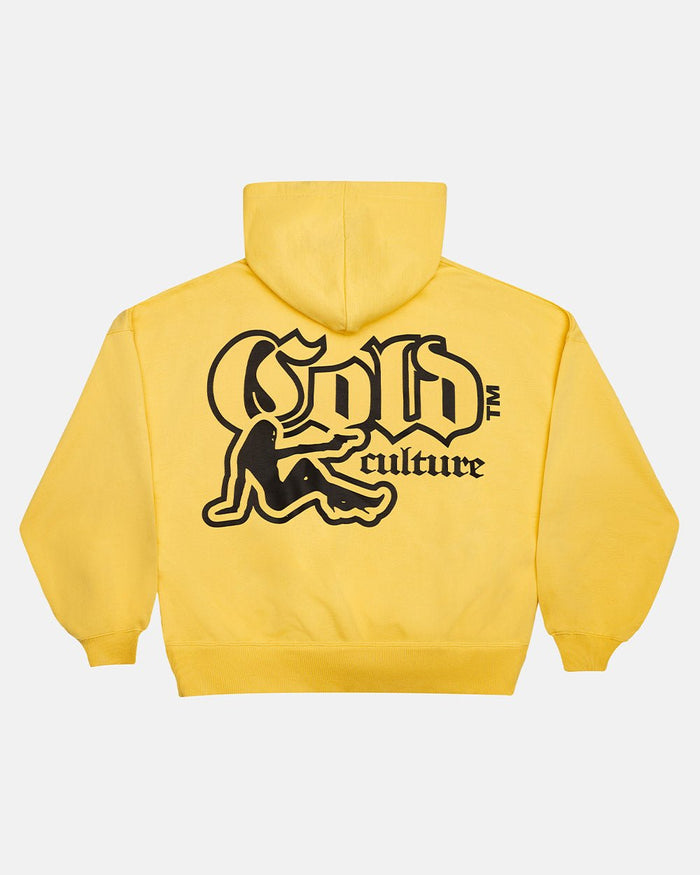 BANG BANG HOODIE YELLOW - yellow graphic print hoodie, back view - Cold Culture
