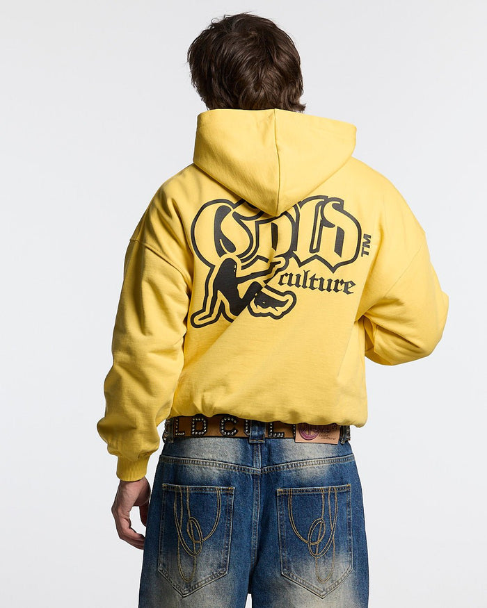 BANG BANG HOODIE YELLOW - yellow graphic print hoodie, back view on male model - Cold Culture #man