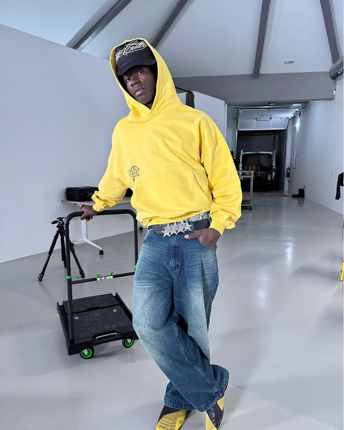 BANG BANG HOODIE YELLOW - yellow graphic print hoodie, street style shot - Cold Culture